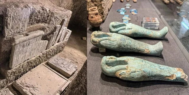  Bloques encontrados en el templo del valle y figurillas funerarias descubiertas durante las excavaciones. Foto: SIPA   