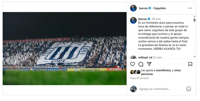 Publicación de Hernán Barcos. Foto: Instagram.   