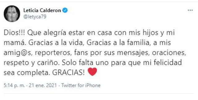Leticia Calderón y su mensaje tras salir del hospital