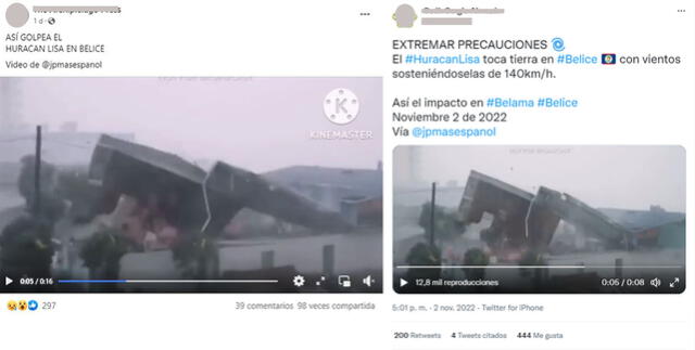 Post relacionan el video como un efecto del huracán Lisa en Belice. Foto: captura en Facebook y Twitter.