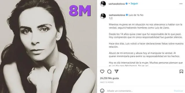 Sasha Sokol revela que Luis de Llano abusó de ella. Foto: Sasha Sokol/Instagram