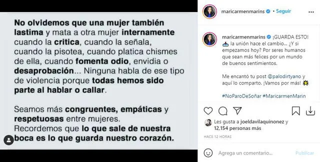 Publicación de Maricarmen Marín. Foto: captura/Instagram