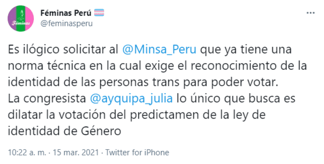 Pronunciamiento del colectivo trans Féminas Perú tras la aprobación de solicitud a Minsa. Foto: captura Twitter Féminas Perú