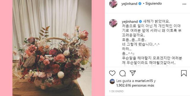 Instagram de Son Ye Jin sobre su relación con Hyun Bin. Foto: @yejinhand