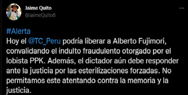 El congresista de Perú Libre, Jaime Quito, se pronunció a través de su cuenta de Twitter.