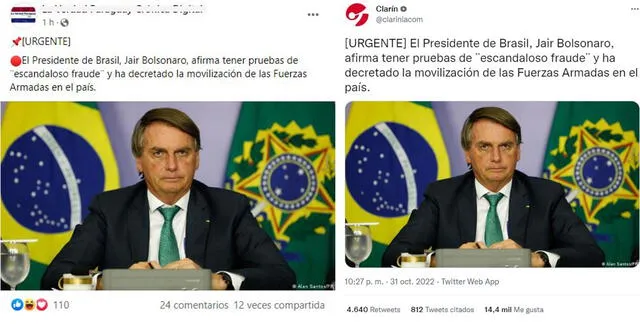Publicación falsa sobre Bolsonaro. Foto: capturas en Facebook y Twitter.