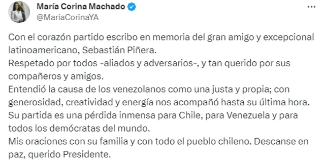 María Corina Machado se despide de Sebastián Piñera a través de redes sociales: 
