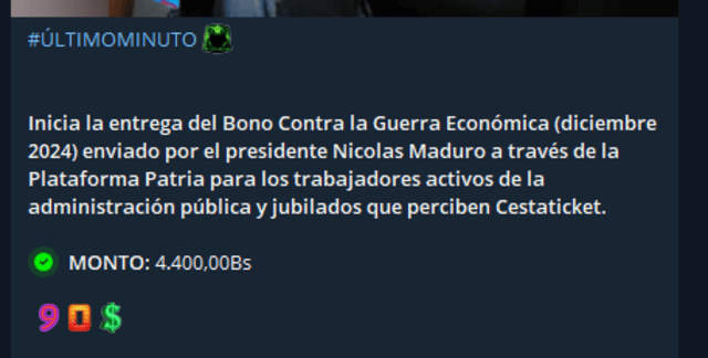 El primer pago del Bono de Guerra fue asignado a los trabajadores públicos. Foto: Canal Patria Digital/ Telegram