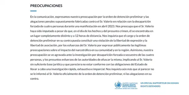  Pronunciamiento de la ONU sobre el caso de Fabián Antúnez Camacho. Créditos: ONU   