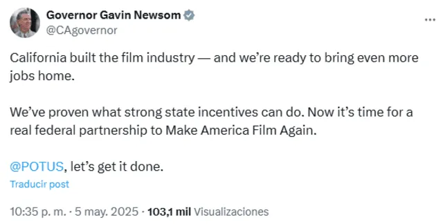 California Governor Gavin Newsom proposes a $7.5 billion federal film tax credit in response to President Trump's plans for foreign film tariffs. Photo: Gavin Newsom's X California Governor Gavin Newsom proposes a $7.5 billion federal film tax credit in response to President Trump's plans for foreign film tariffs. Photo: Gavin Newsom's X