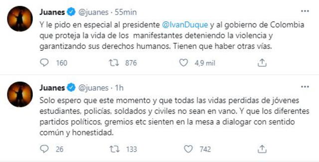 Juanes pide garantías al gobierno de Colombia durante las protestas