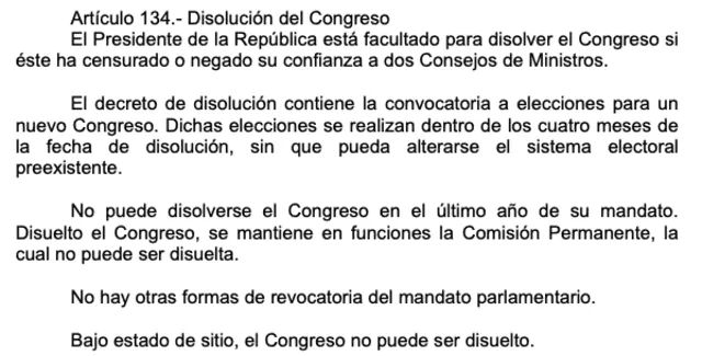 Artículo 134 de la Constitución Política del Perú. Foto: Congreso