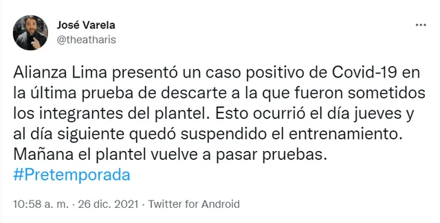 Alianza Lima presentó un positivo de COVID-19 en la pretemporada. Foto: captura Twitter