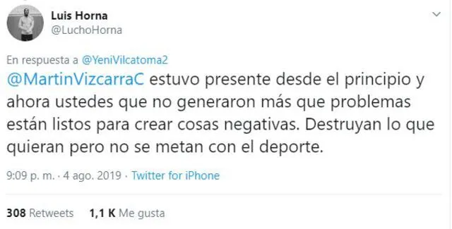 Lucho Horna pidió a Vilcatoma que “no se meta con el deporte” si solo va a destruirlo con sus críticas