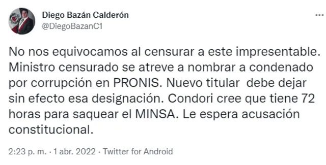 Congresista Diego Bazán anuncia acusación constitucional contra censurado Hernán Condori. Foto: captura de Twitter