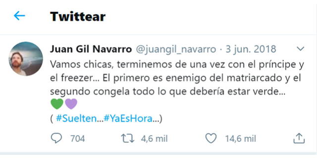 3.6.2018 | Post de Juan Gil Navarro sobre los pañuelos verdes y su personaje Federico Fritzenwalden. Crédito: captura Twitter