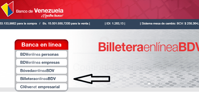 La opción de billetera de línea del BDV. Foto: web del Banco de Venezuela