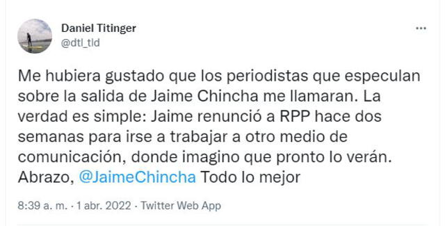 Jaime Chincha renunció a RPP, según director. Foto: captura/Twitter