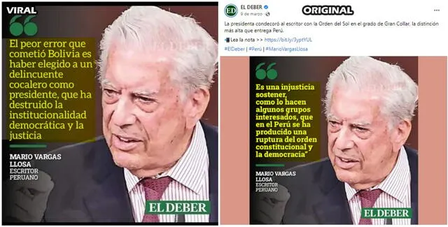  La primera es la gráfica falsa del post viral. La segunda es la gráfica real del diario boliviano. Foto: composición LR/capturas en Facebook y Facebook de El Deber   