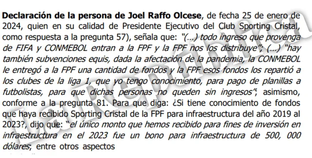  Declaración de Joel Raffo Olcese (directivo de la FPF y presidente de Sporting Cristal) a la Fiscalía. | Foto: La República.   