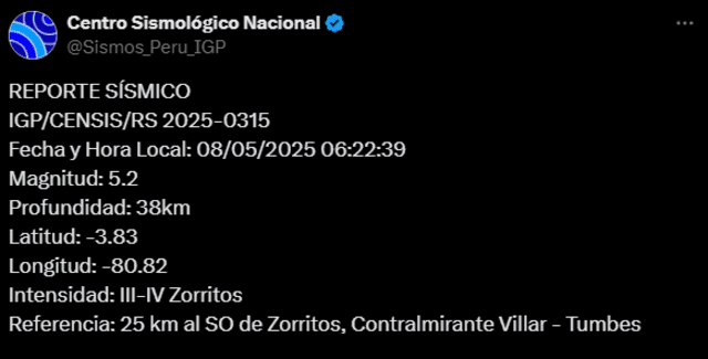  Sismo de magnitud 5,2 sacude Tumbes. Foto: IGP   