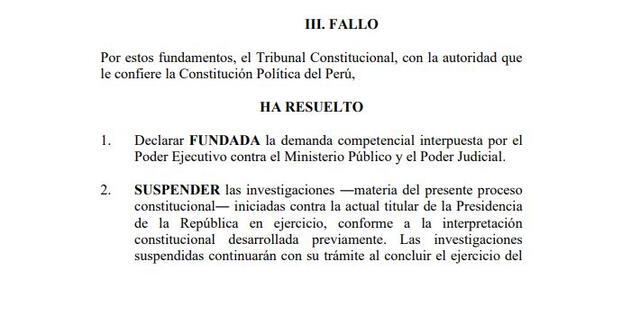 TC suspende investigaciones contra Boluarte TC suspende investigaciones contra Boluarte