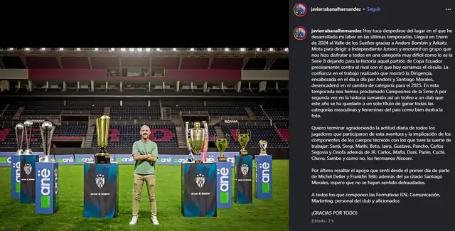 Mensaje de despedida de Javier Rabanal. Foto: IG   