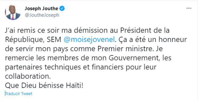 Joseph Jouthe, renunció como primer ministro de Haití. Foto: captura de Twitter/  Joseph Jouthe