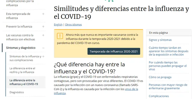 COVID-19 e influenza, según los CDC. Foto: captura en web de CDC.
