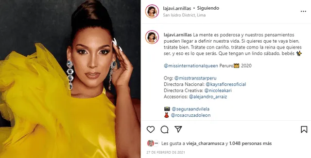 Javiera Arnillas fue coronada como Miss International Queen Perú 2020. Foto: Instagram