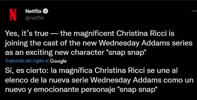 Netflix confirma el ingreso de Christina Ricci a la serie de "Wednesday" de Netflix. Foto: captura de Twitter