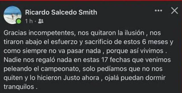Publicación de Ricardo Salcedo. Foto: captura Facebook