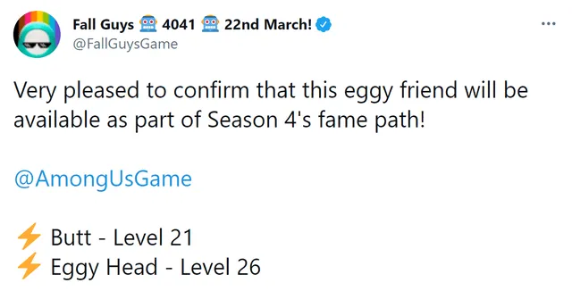 Anuncio de la nueva skin con temática de Among Us. Foto: Twitter / @FallGuysGame Anuncio de la nueva skin con temática de Among Us. Foto: Twitter / @FallGuysGame