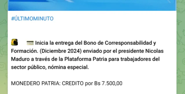 El primer pago del Bono de Corresponsabilidad y Formación llegó el 9 de diciembre. Foto: Canal Patria Digital/ Telegram