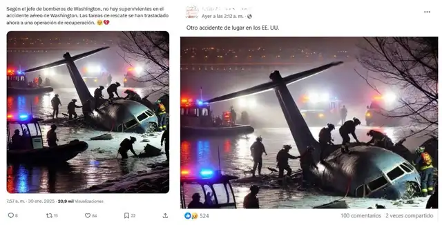 <em>Desinformación sobre el reciente accidente aéreo en Estados Unidos. Foto: captura de X / Facebook</em> <em>Desinformación sobre el reciente accidente aéreo en Estados Unidos. Foto: captura de X / Facebook</em>