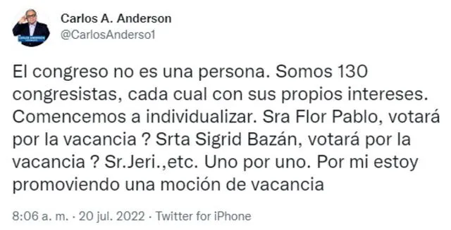 Anderson promueve vacancia presidencial. Foto: Twitter de Carlos Anderson