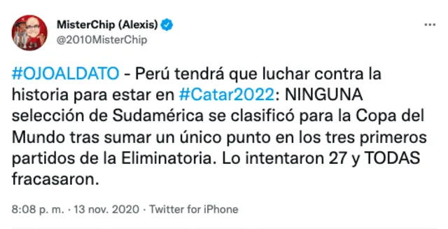 Terrible registro de Mr. Chip sobre el inicio de Perú en las eliminatorias. Foto: captura Twitter Mr. Chip