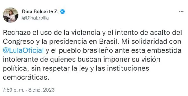 La presidenta peruana rechazó los actos de violencia vividos en Brasil. Foto: captura @DinaErcilia/Twitter