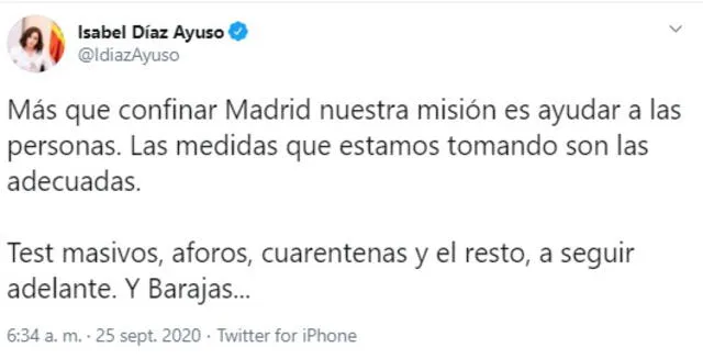La presidenta regional de Madrid no tardó en responder. Imagen: captura de Twitter