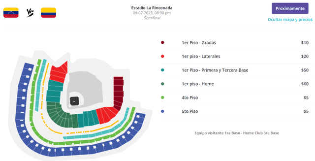 Precios actuales para el juego de la semifinal entre Venezuela y Colombia del 9 de febrero. Foto: Serie del Caribe   