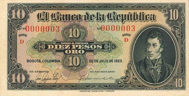  Billete de 10 pesos colombianos. Foto: Numista    