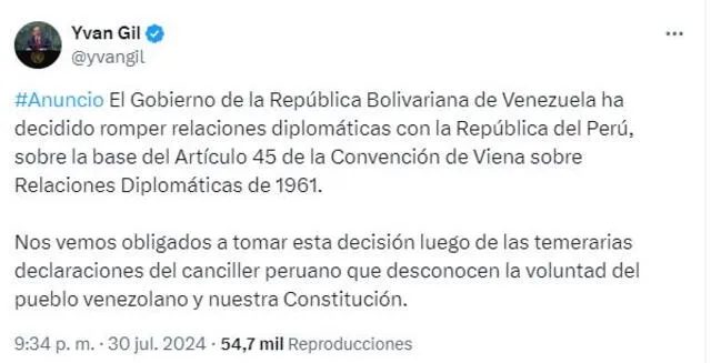 Venezuela rompe relaciones diplomáticas con Perú tras declaraciones de Javier González-Olaechea. Foto: @yvangil   