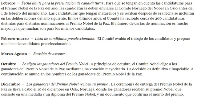 <em> Cronograma y reglas de la postulación del Premio Nobel de la Paz. Foto: captura de pantalla.</em>   