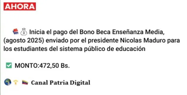 Anuncio del Bono Beca Enseñanza Media de agosto 2025. Foto: Canal Patria Digital   