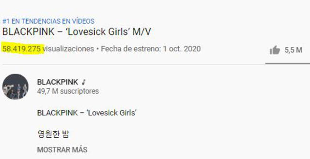 BLACKPINK: "Lovesick girls" vistas a 24 horas. Foto: captura de YouTube.