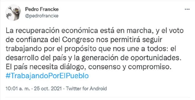 Tuit del ministro de Economía, Pedro Francke. Foto. Captura
