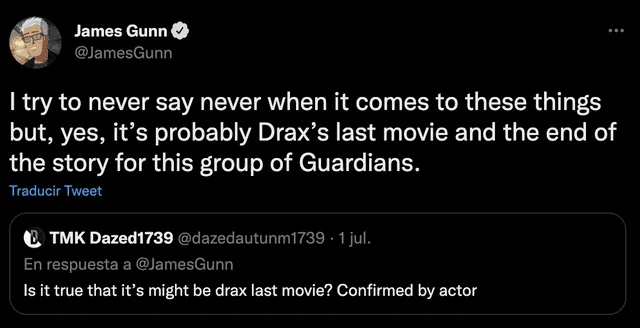 James Gunn comenta sobre el futuro de Drax en el UCM
