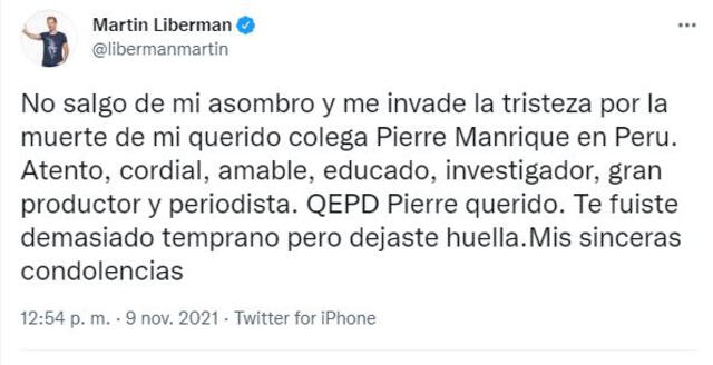 Mensaje de Martin Liberman. Foto: Twitter