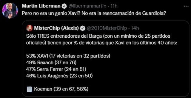Tuit de Martín Liberman ironizando sobre Xavi Hernández. Foto: Captura Twitter