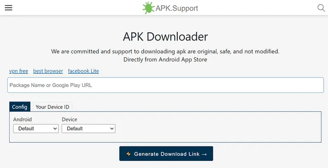 Cómo funciona el sitio web. Foto: captura de pantalla/APK Downloader